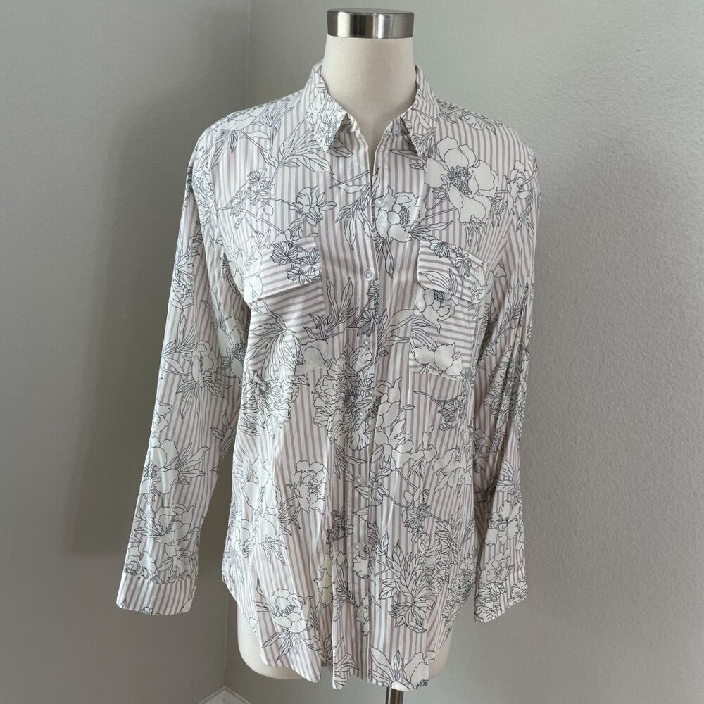 Express City Shirt Womens Large Floral Stripe Button Up Blouse Roll Tab Sleeve